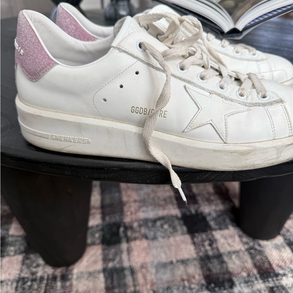 Golden Goose White Leather Sneakers with Pink Glitter Heel Tab